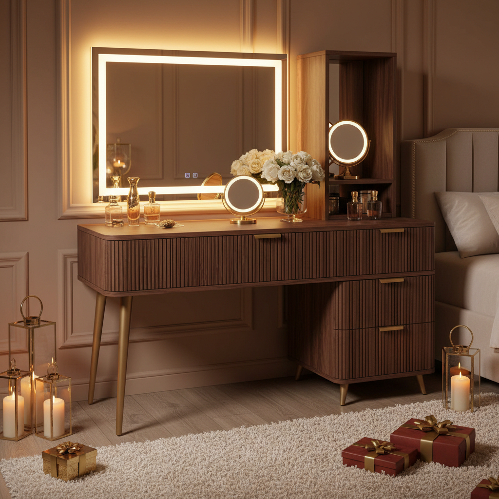 Vanity Set With Magnifying Mirror - Brown