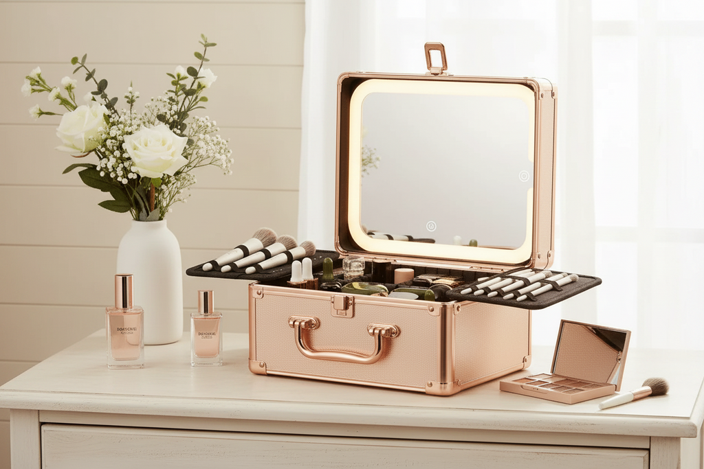 Makeup Case With A Detachable LED Mirror - Rose Gold