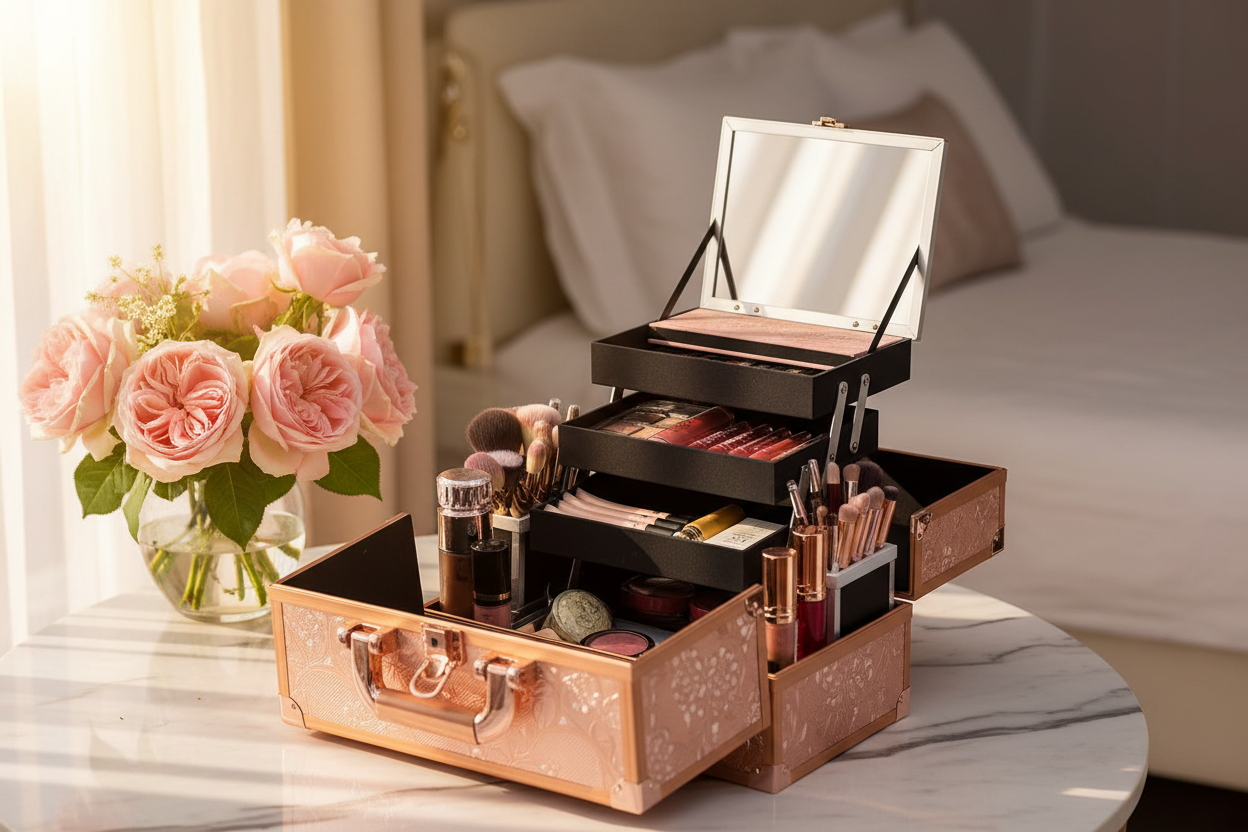 Large Capacity Makeup Organizer Box With Mirror & 3 Trays