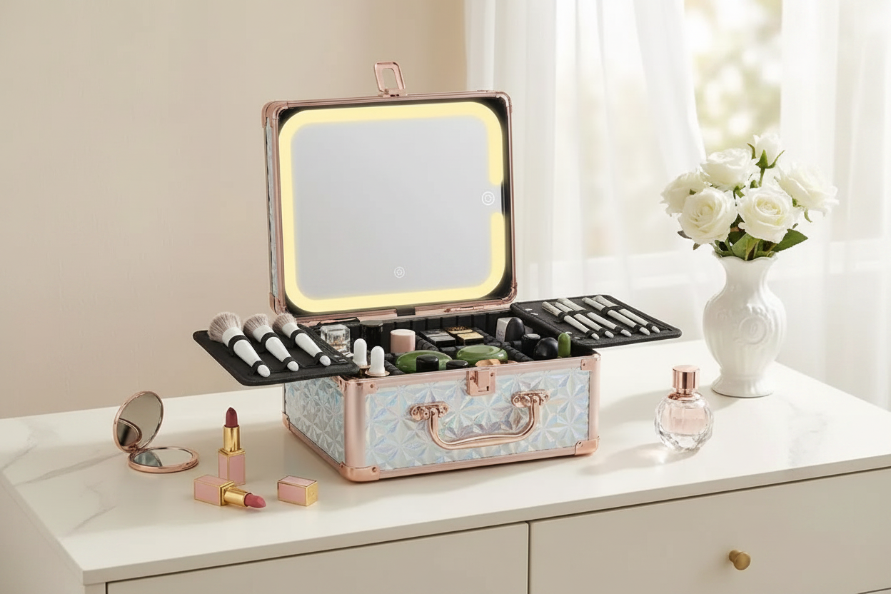 Makeup Case With A Detachable LED Mirror - Sparking Light Blue