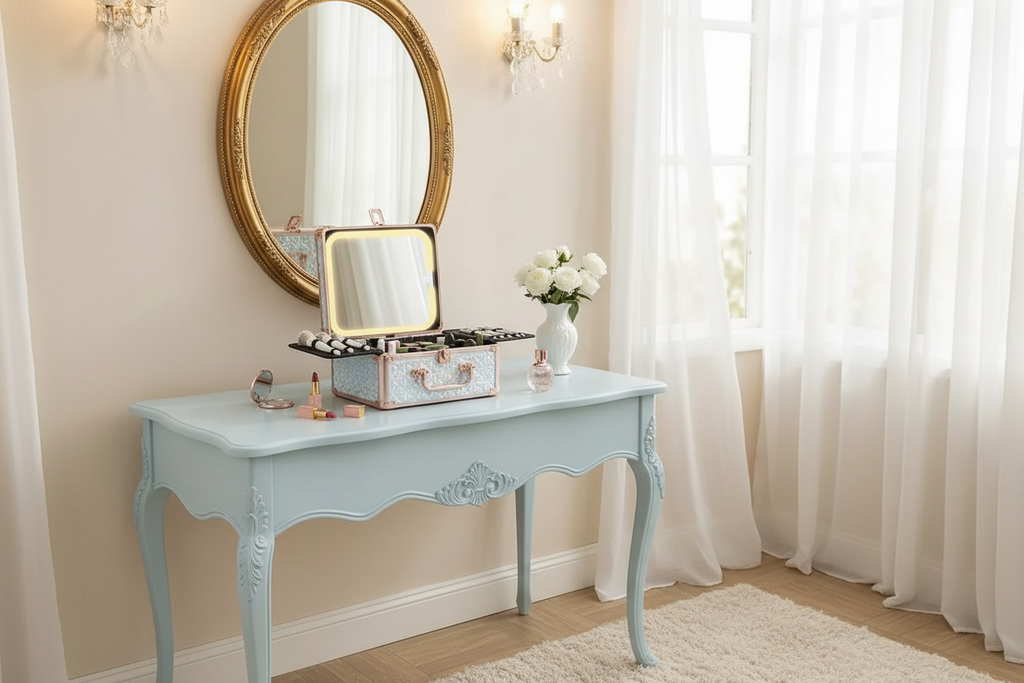 Makeup Case With A Detachable LED Mirror - Sparking Light Blue