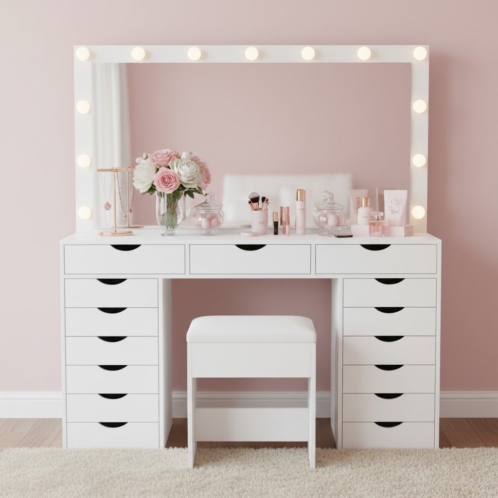 15 Drawers Vanity Set - White