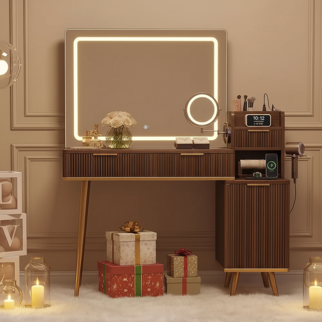 Vanity Set With Magnifying Mirror - Brown