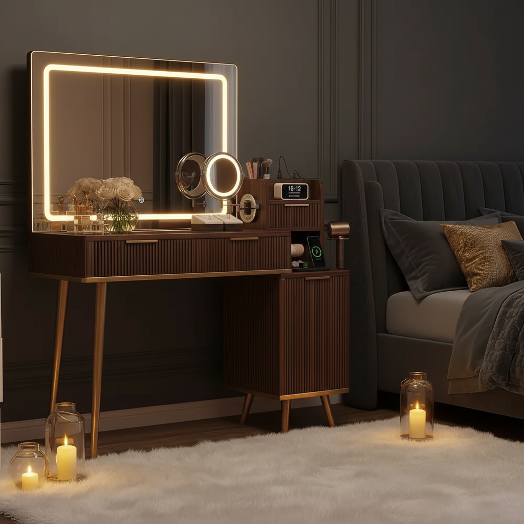 Vanity Set With Magnifying Mirror - Brown