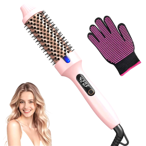 Heated Round Hair Curler Brush - Pink