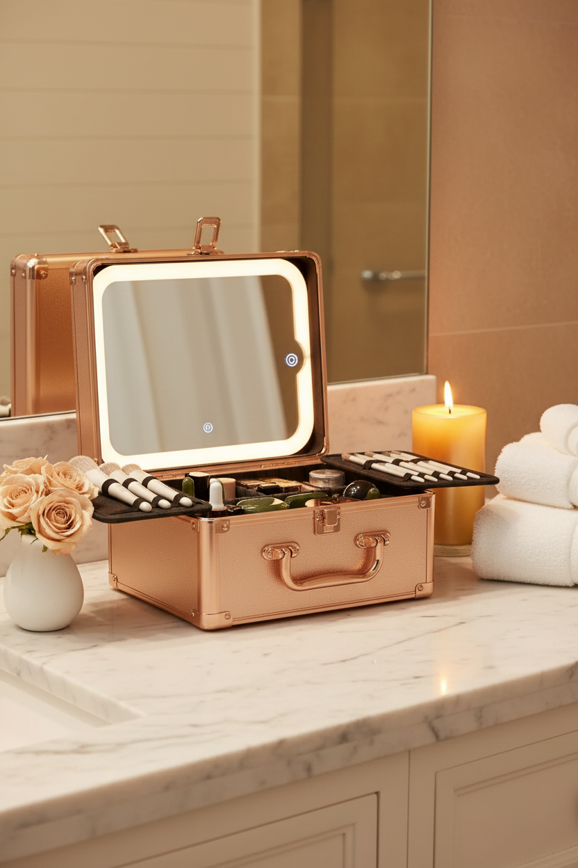 Makeup Case With A Detachable LED Mirror - Rose Gold