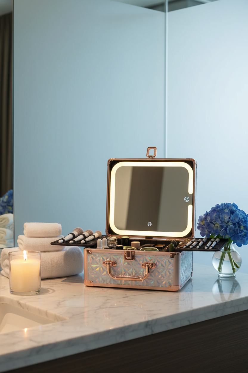 Makeup Case With A Detachable LED Mirror - Sparking Light Blue
