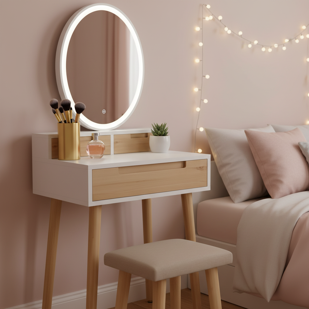 Compact Vanity Desk with Mirror and Storage for Small Spaces