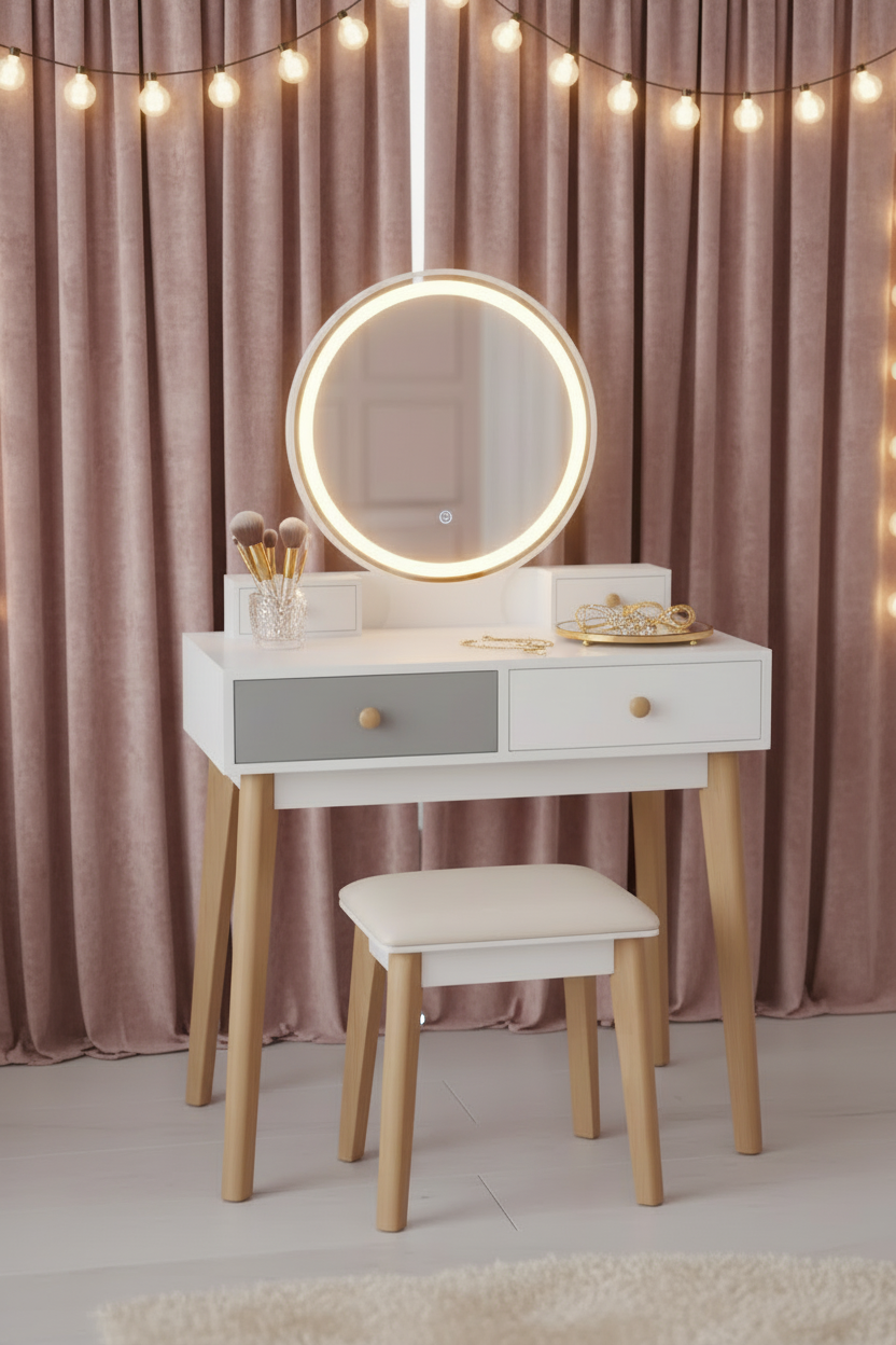 Vanity Set with Cushioned Stool & 2 Drawers