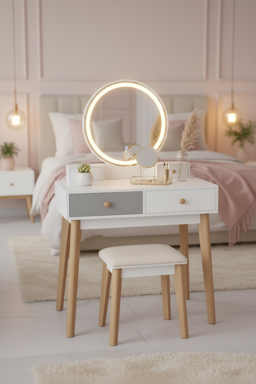 Vanity Set with Cushioned Stool & 2 Drawers