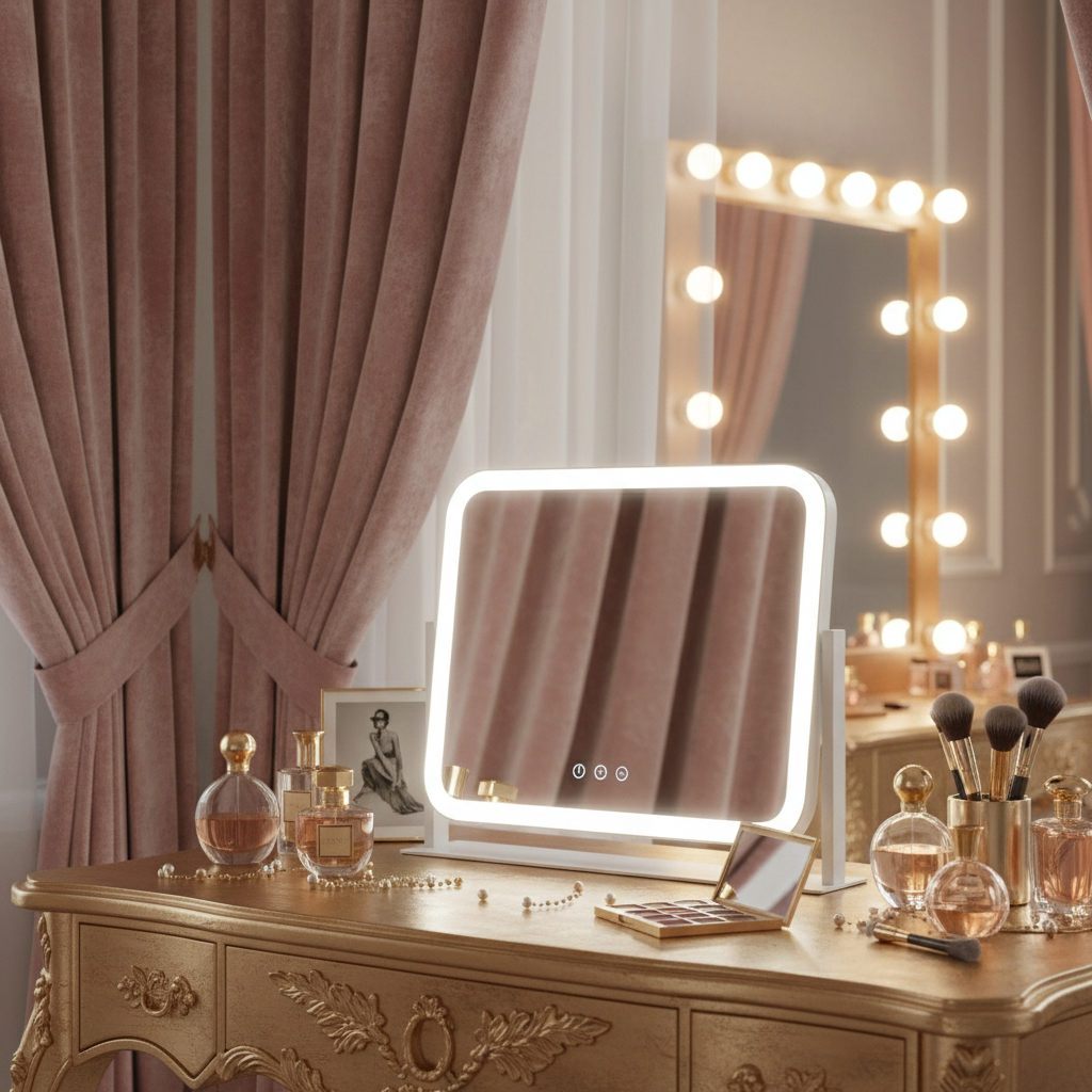 LED Makeup Mirror With Gold Frame - 17x13 Inches