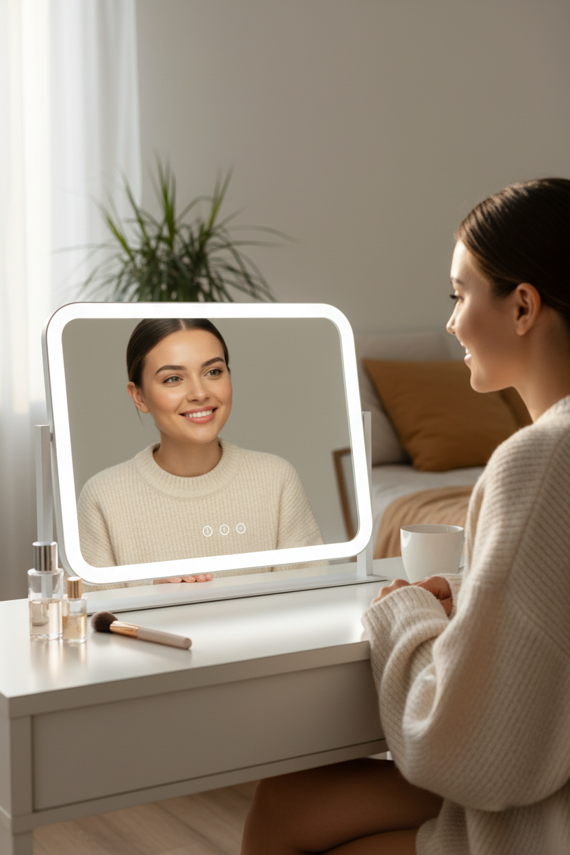 LED Makeup Mirror With Gold Frame - 17x13 Inches