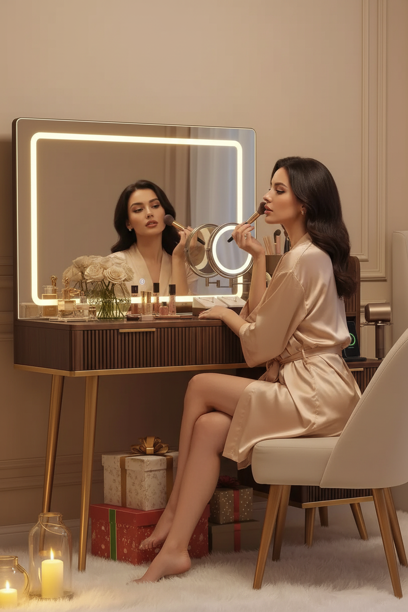 Vanity Set With Magnifying Mirror - Brown